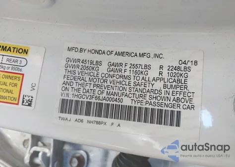 2018 Honda Accord Hybrid Ex-L из США, поврежденный, VIN 1HGCV3F66JA000450